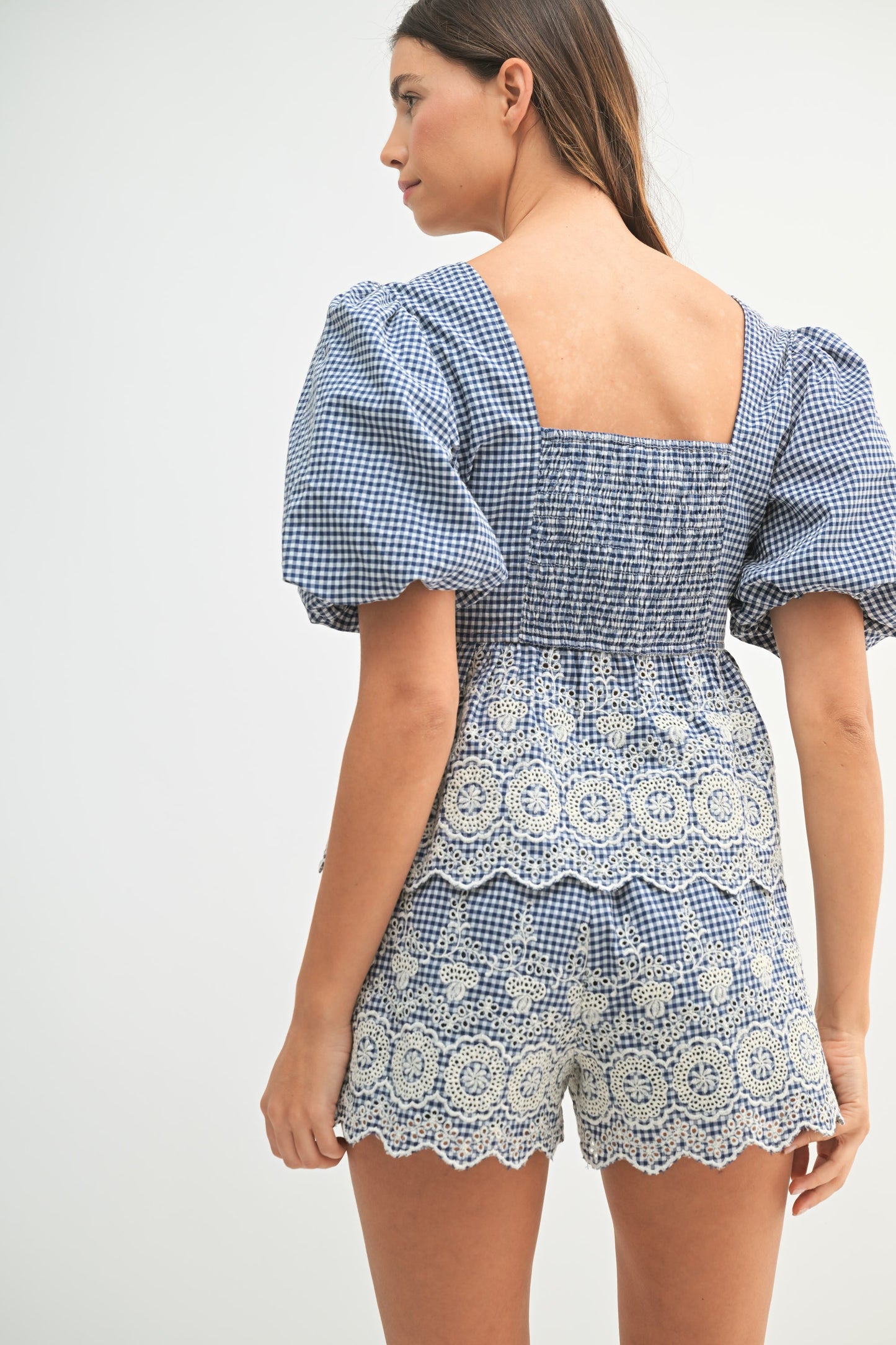 Embroidered Gingham Shorts Set