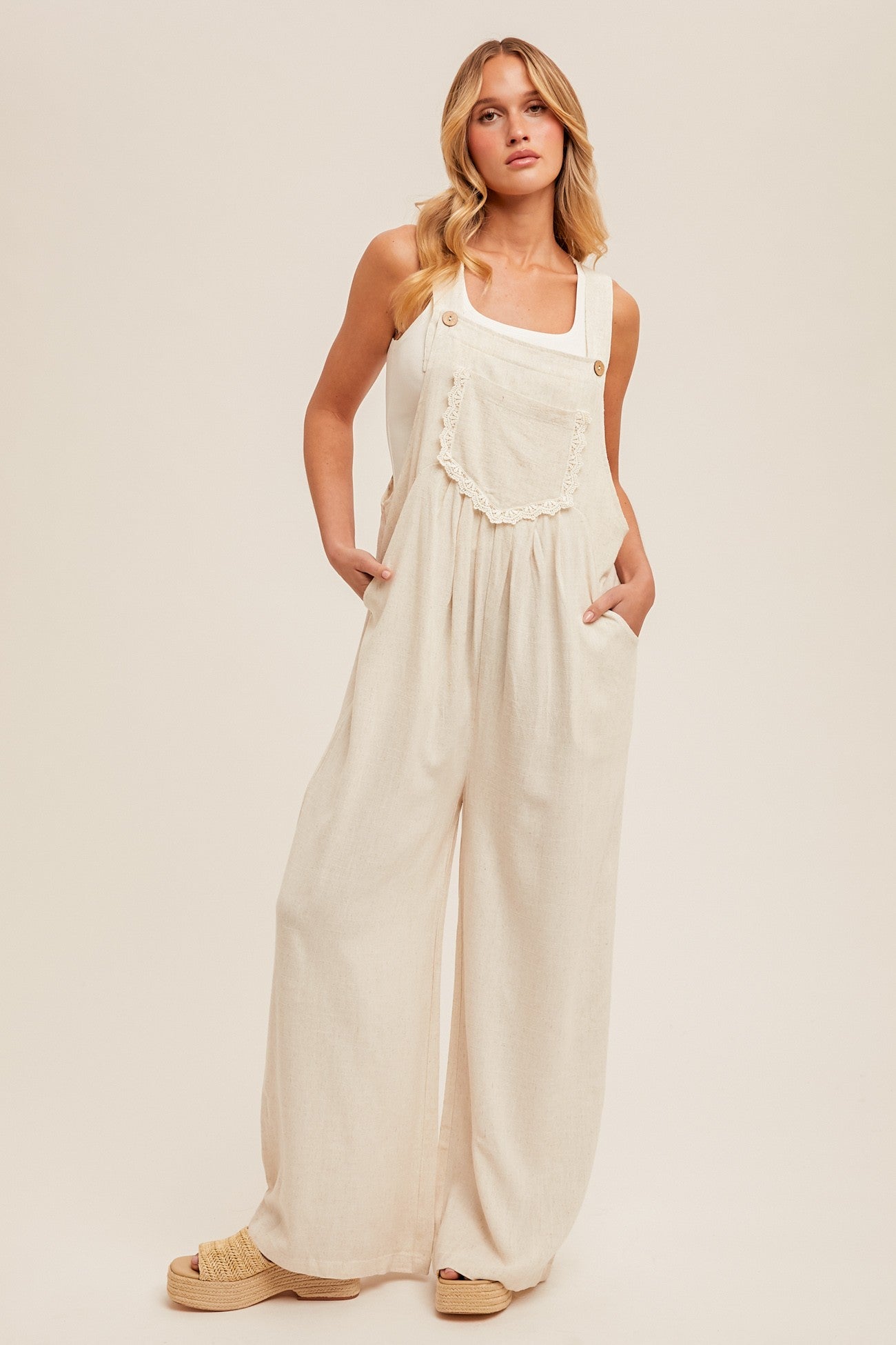 Contrast Print Linen Overalls