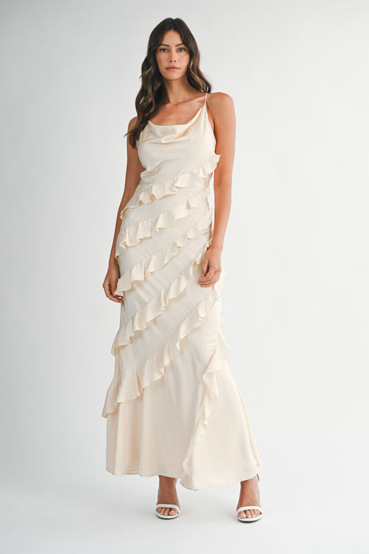 Satin Ruffle Maxi Dress