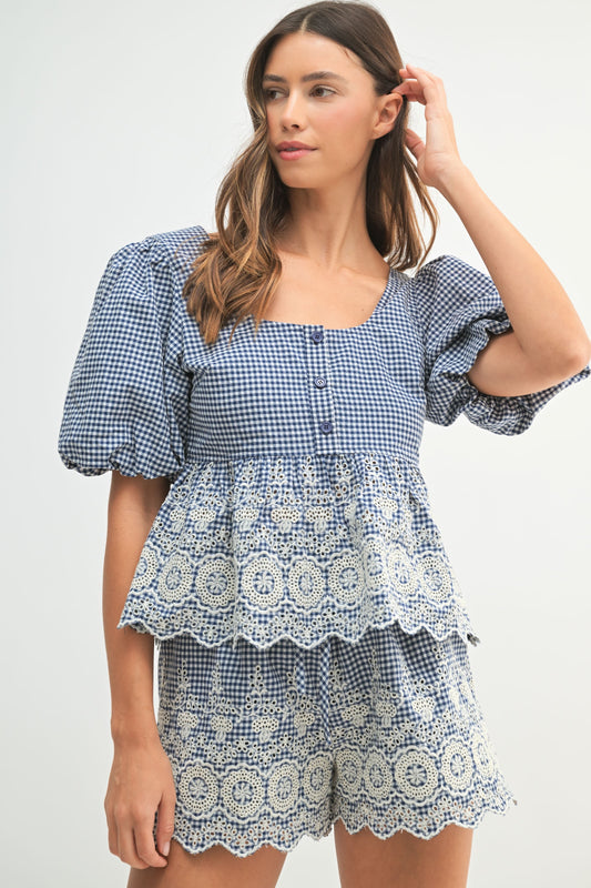 Embroidered Gingham Shorts Set