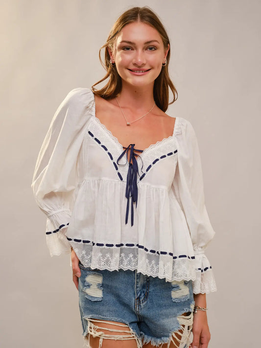Lace Trimmed Peasant Blouse