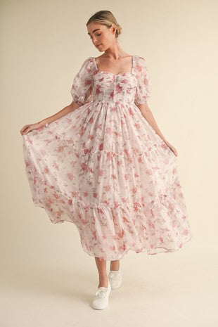 Roses and Ruches Midi Dress